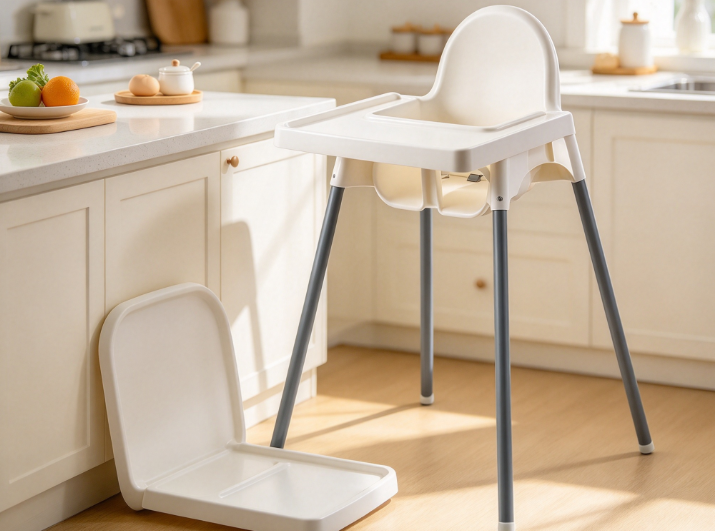 Portable baby high chair with detachable tray placed beside the chair in bright home kitchen, showing convenient tray removal for easy washing.