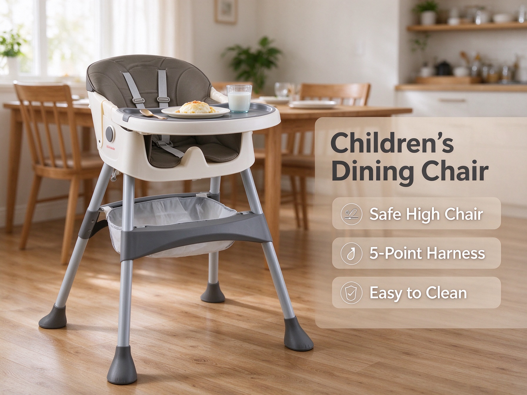 Sturdy kids' high chair with safety harness, removable tray and stable legs for comfortable family mealtime.